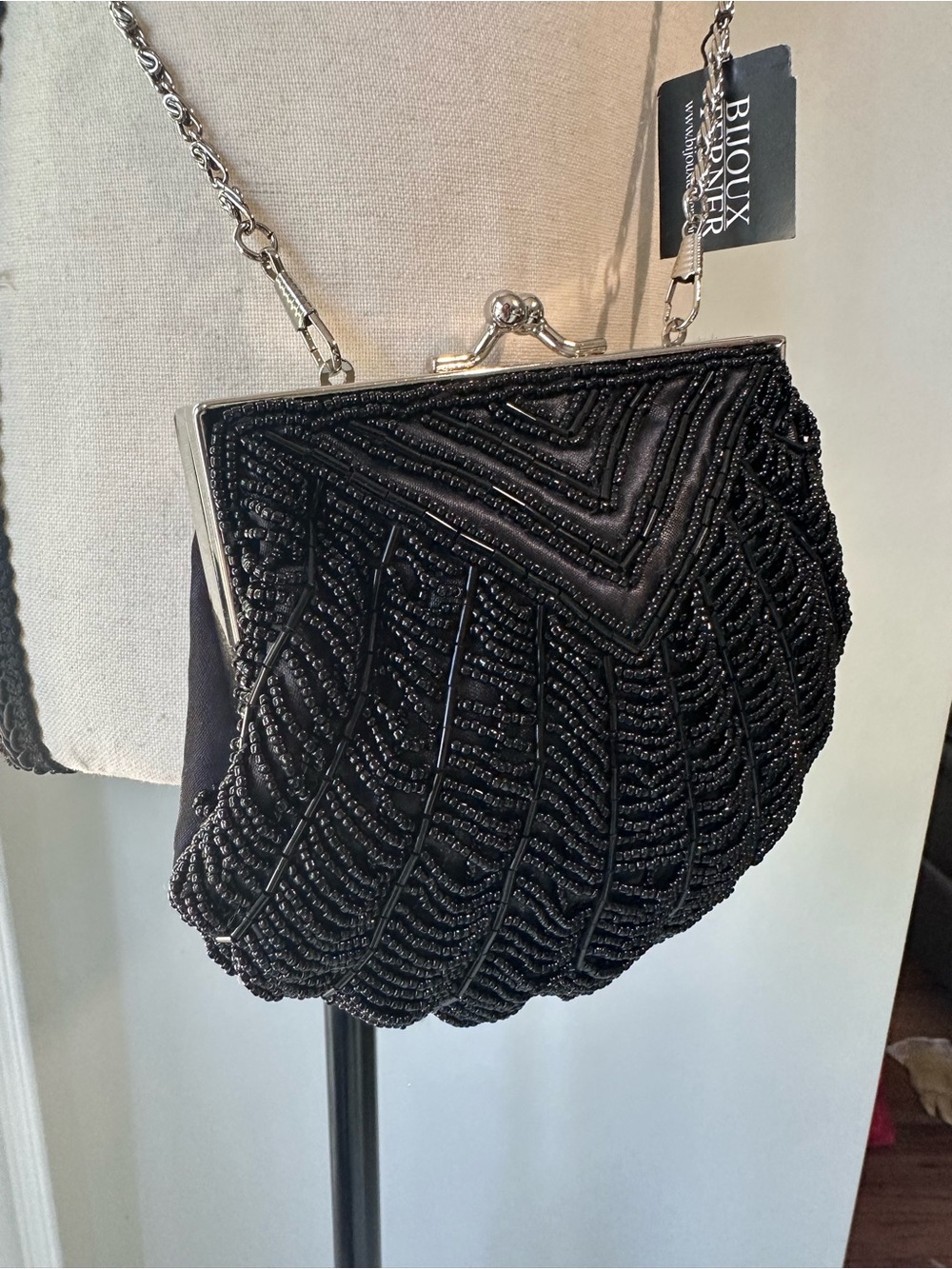 VINTAGE Black Beaded Evening Crossbody Shoulder Mini Bag Purse Clutch Silver